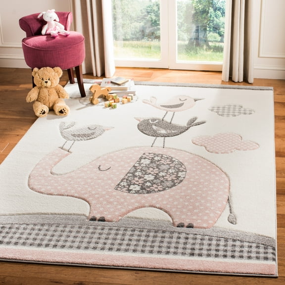 SAFAVIEH Carousel Kids Gordan Elephant and Tweets Area Rug, Pink/Ivory, 4' x 4' Square