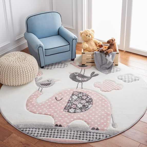 SAFAVIEH Carousel Kids Gordan Elephant and Tweets Area Rug, Pink/Ivory, 5'3" x 5'3" Round