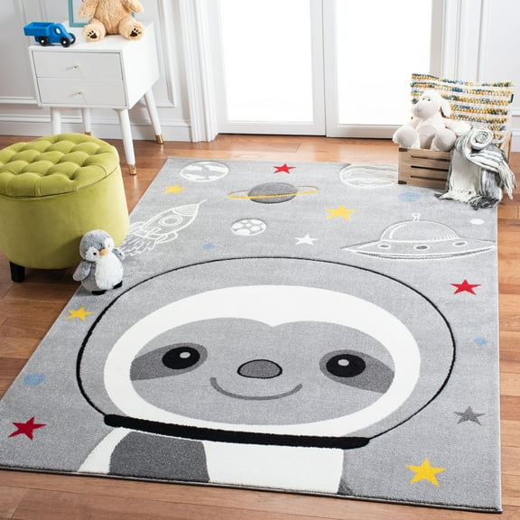 SAFAVIEH Carousel Kids Happy Sloth Astronaut Area Rug, Gray/Ivory, 3' x 3' Square