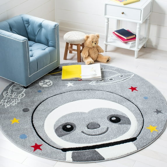 SAFAVIEH Carousel Kids Happy Sloth Astronaut Area Rug, Gray/Ivory, 5'3" x 5'3" Round