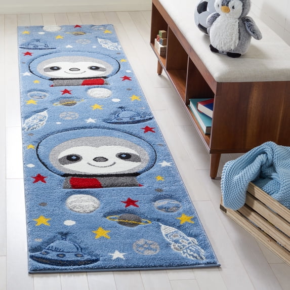 SAFAVIEH Carousel Kids Happy Sloth Astronaut Runner Rug, Blue/Gray, 2' x 8'