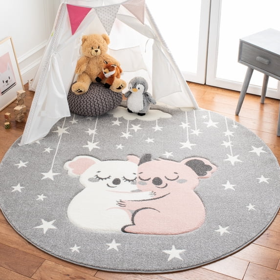 SAFAVIEH Carousel Kids Hugging Koalas Area Rug, Gray/Ivory, 5'3" x 5'3" Round