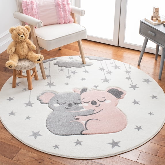 SAFAVIEH Carousel Kids Hugging Koalas Area Rug, Ivory/Pink, 5'3" x 5'3" Round