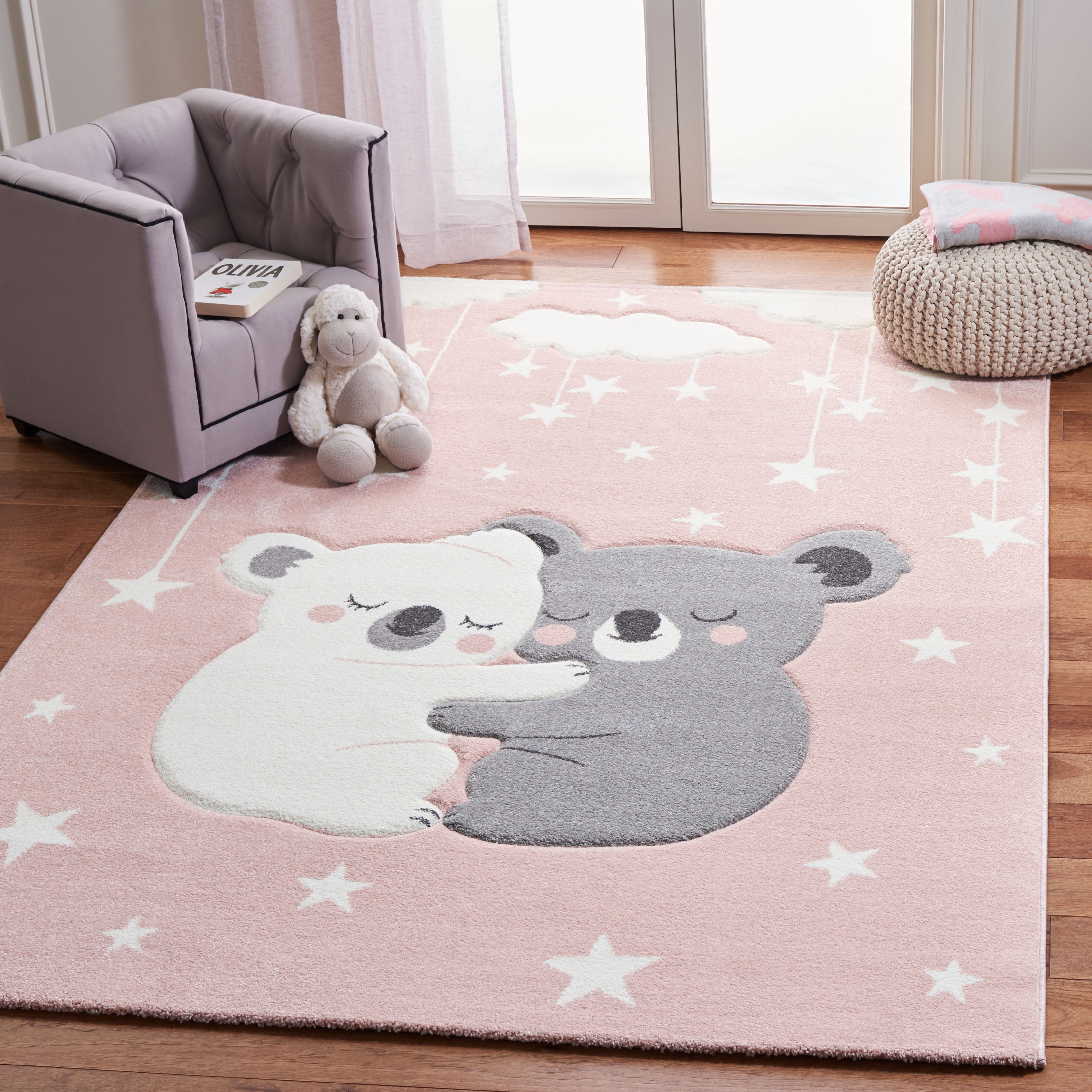 Pink and White Koala Design Kids Area Rug, 6'7" x 9', Synthetic
