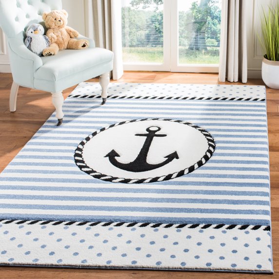 SAFAVIEH Carousel Kids Kennet Anchor Area Rug, Ivory/Navy, 4' x 4' Square