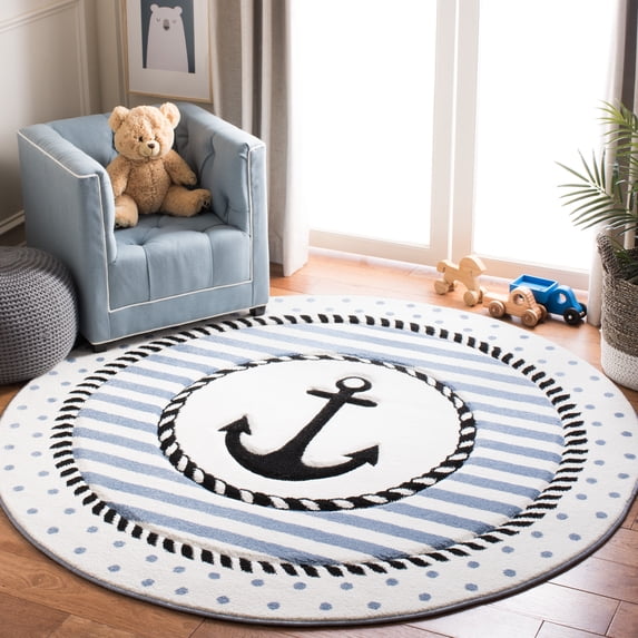 SAFAVIEH Carousel Kids Kennet Anchor Area Rug, Ivory/Navy, 6'7" x 6'7" Round