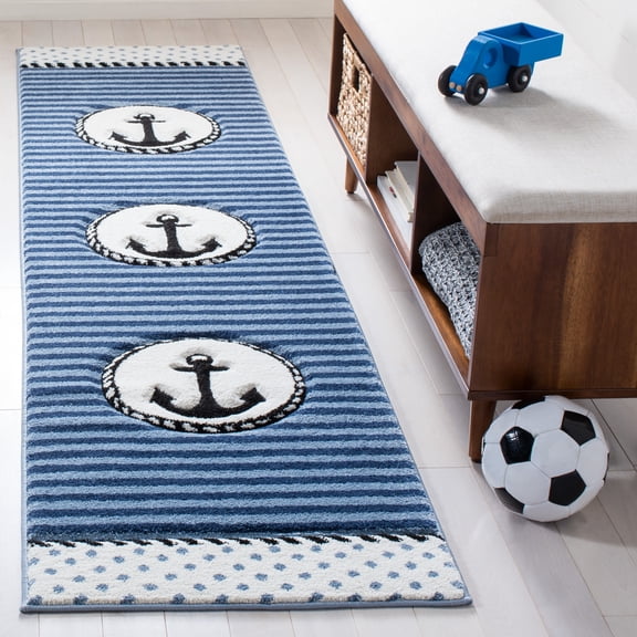 SAFAVIEH Carousel Kids Kennet Anchor Runner Rug, Navy/Ivory, 2' x 8'