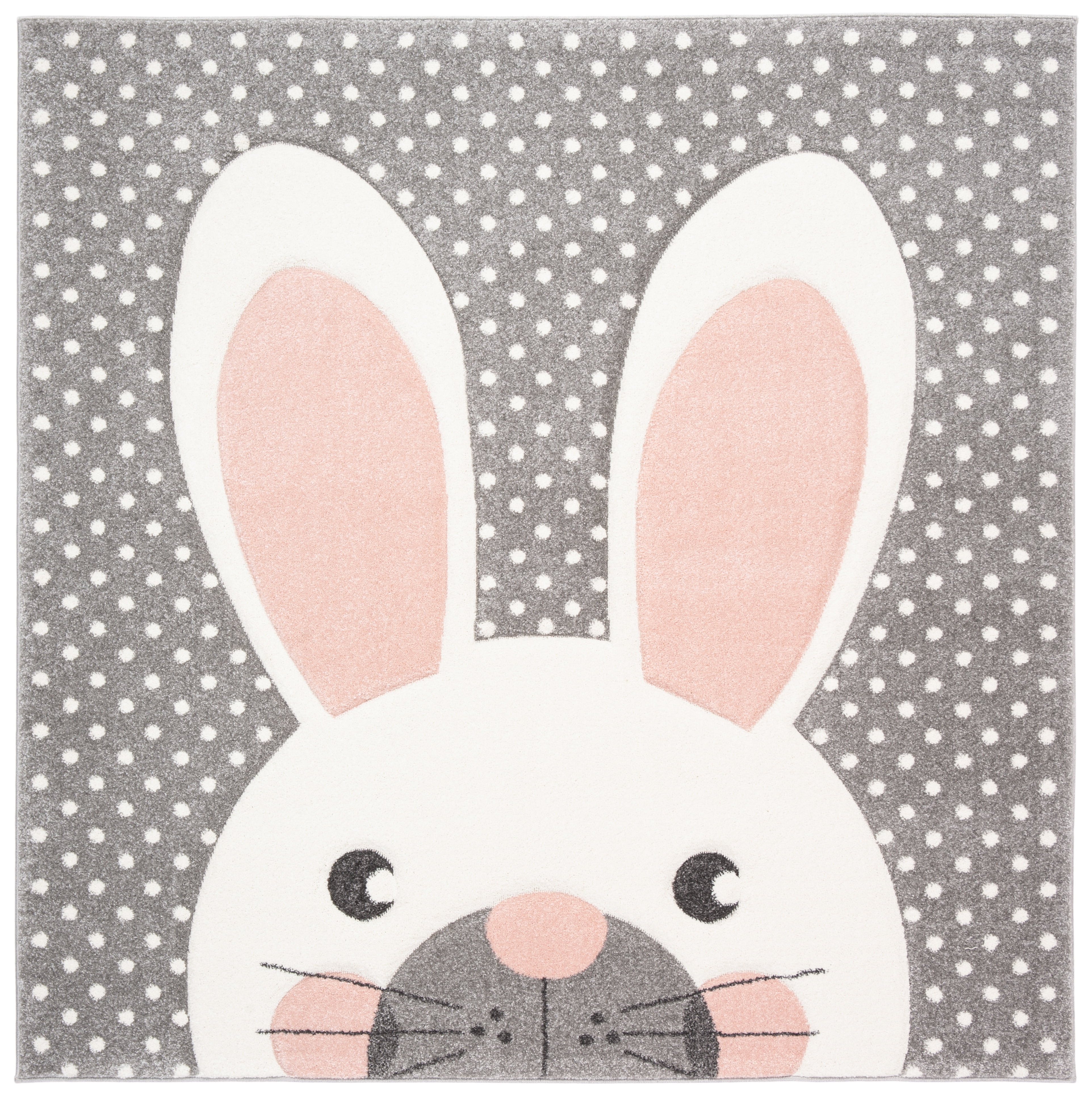 Gray and Pink Synthetic Square Kids Bunny Rug, 3' x 3'