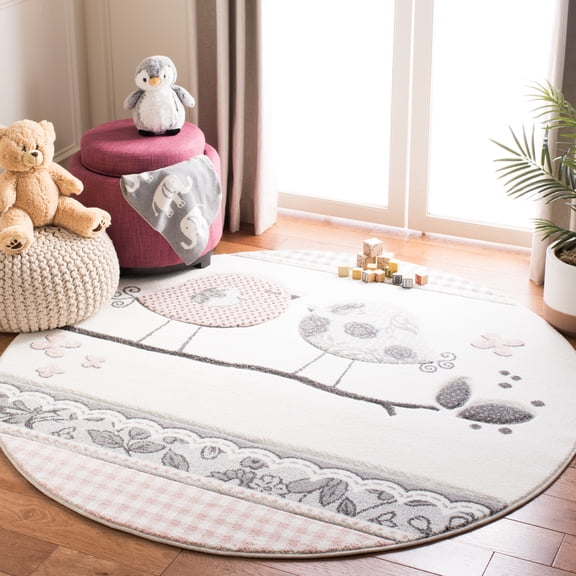 SAFAVIEH Carousel Kids Luanna Birds at Play Animal Print Area Rug, Pink/Ivory, 3' x 3' Round