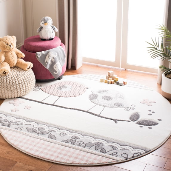 SAFAVIEH Carousel Kids Luanna Birds at Play Animal Print Area Rug, Pink/Ivory, 5'3" x 5'3" Round