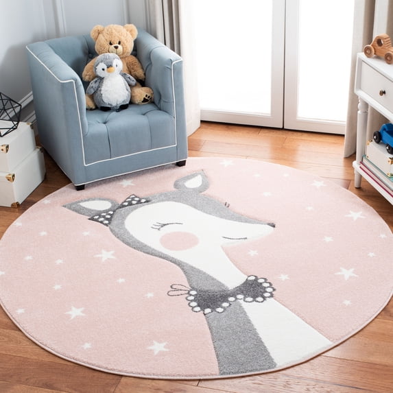 SAFAVIEH Carousel Kids Mariam Happy Deer Area Rug, Pink/Ivory, 5'3" x 5'3" Round