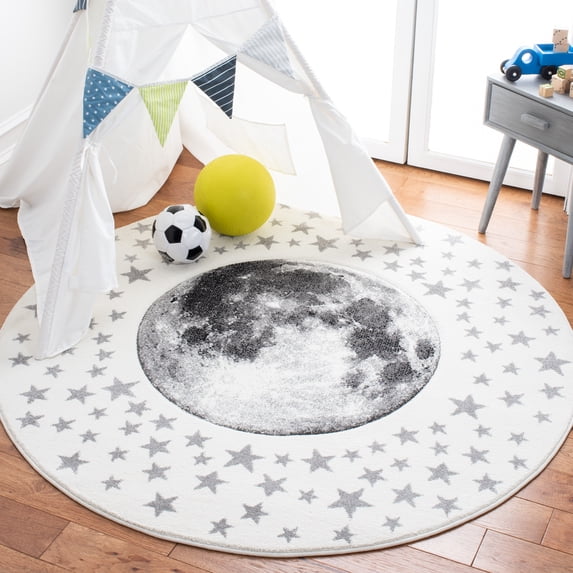 SAFAVIEH Carousel Kids Moon in the Stars Area Rug, Ivory/Gray, 4' x 4' Round