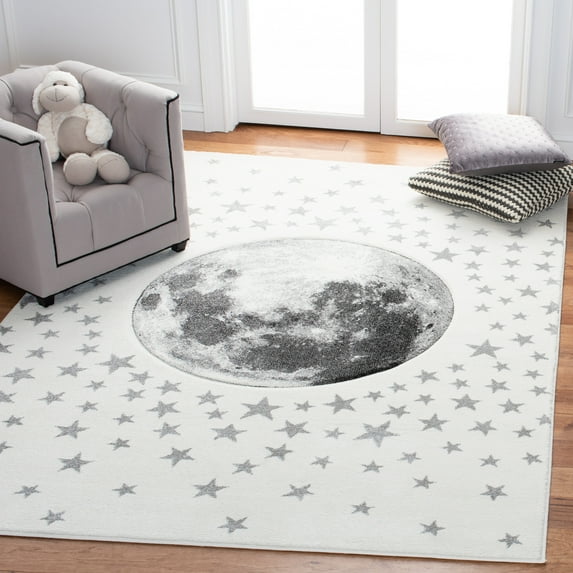SAFAVIEH Carousel Kids Moon in the Stars Area Rug, Ivory/Gray, 4' x 4' Square