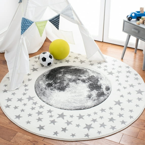 SAFAVIEH Carousel Kids Moon in the Stars Area Rug, Ivory/Gray, 6'7" x 6'7" Round
