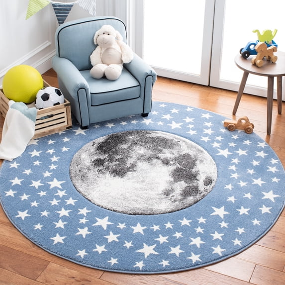 SAFAVIEH Carousel Kids Moon in the Stars Area Rug, Light Blue/Gray, 3' x 3' Round