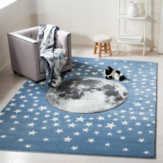 SAFAVIEH Carousel Kids Moon in the Stars Area Rug, Light Blue/Gray, 6'7" x 9'