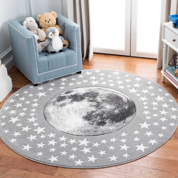 SAFAVIEH Carousel Kids Moon in the Stars Area Rug, Light Gray/White, 3' x 3' Round