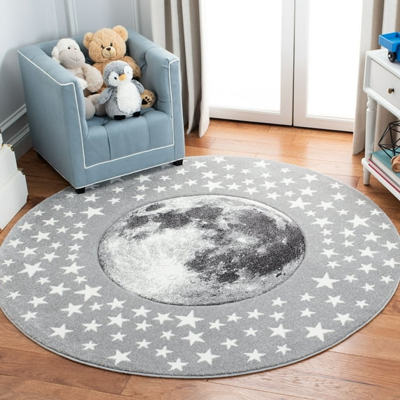SAFAVIEH Carousel Kids Moon in the Stars Area Rug, Light Gray/White, 4' x 4' Round