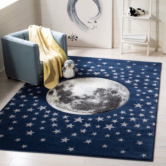 SAFAVIEH Carousel Kids Moon in the Stars Area Rug, Navy/Gray, 8' x 10'