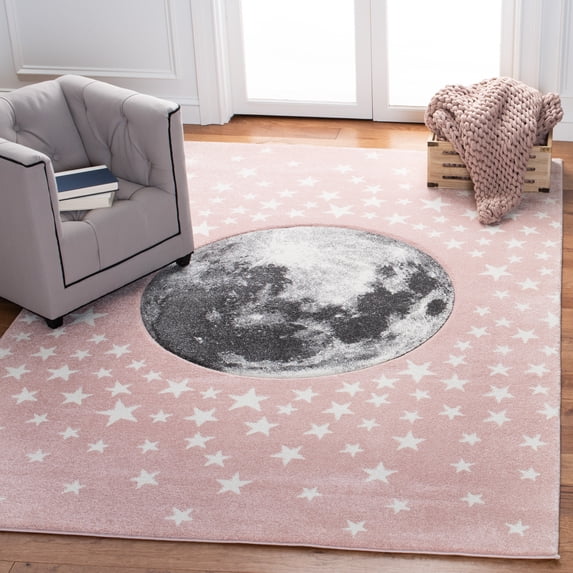 SAFAVIEH Carousel Kids Moon in the Stars Area Rug, Pink/Gray, 4' x 6'