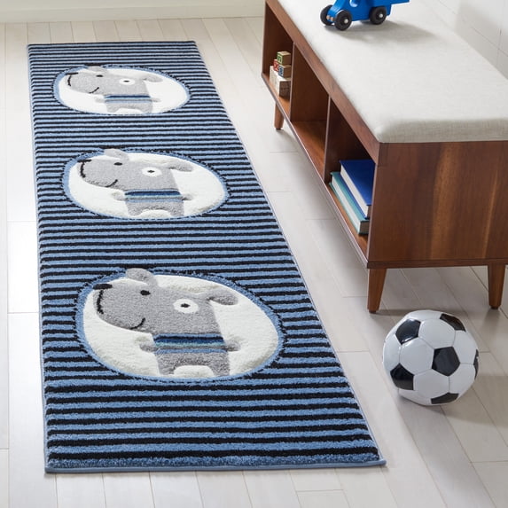 SAFAVIEH Carousel Kids Orpa The Dog Runner Rug, Navy/Ivory, 2' x 8'
