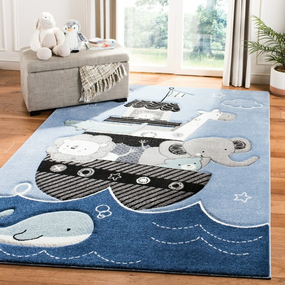 SAFAVIEH Carousel Kids Patton Animals on Board Area Rug, Blue/Gray, 3'3" x 5'3"