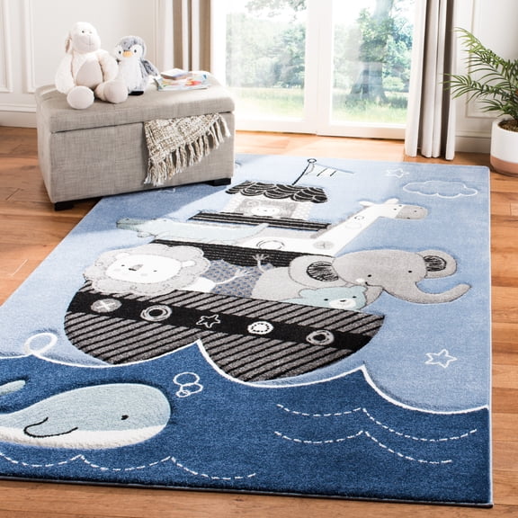 SAFAVIEH Carousel Kids Patton Animals on Board Area Rug, Blue/Gray, 3' x 3' Square