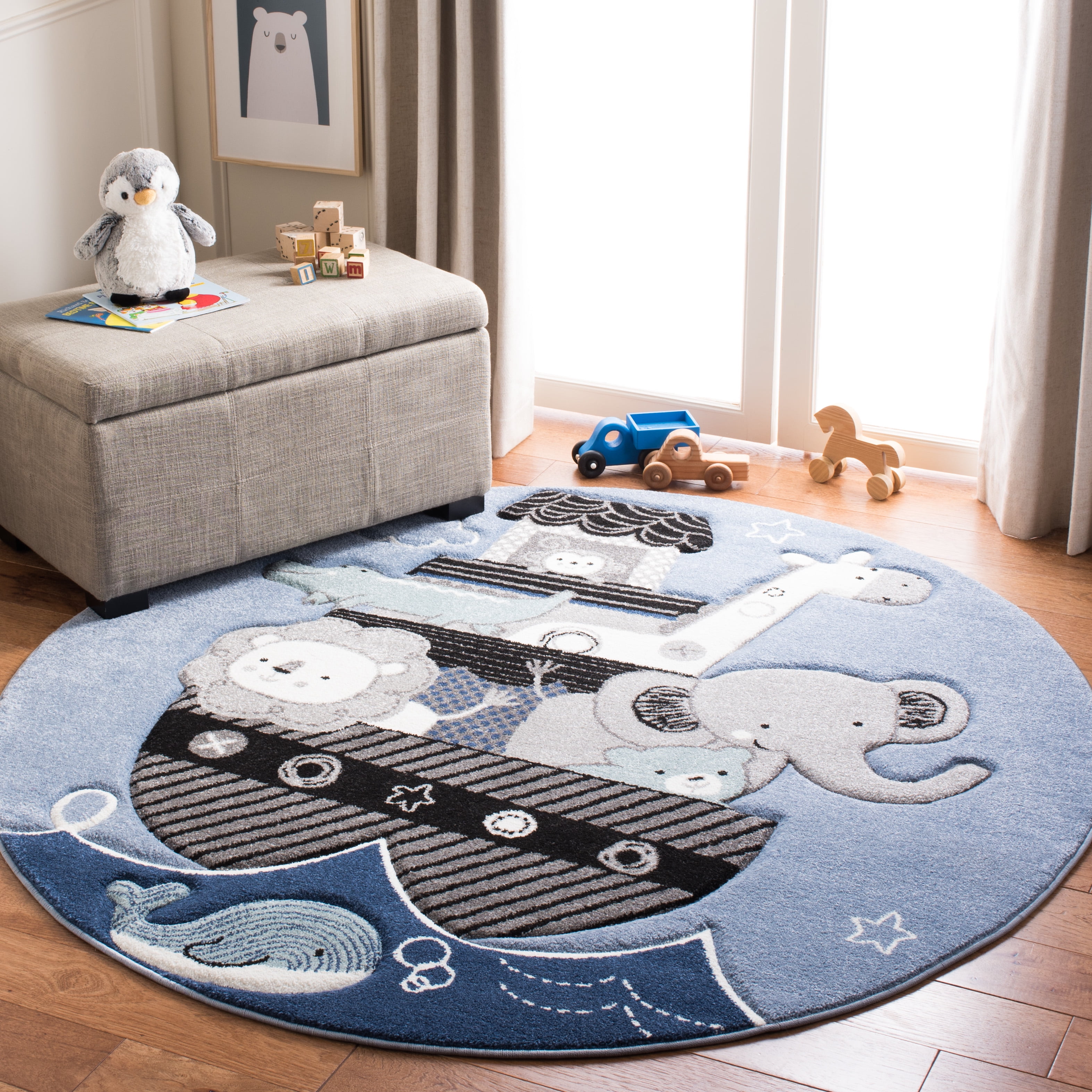 Carousel Kids Blue Round Synthetic Area Rug, 5'3"