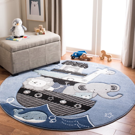 SAFAVIEH Carousel Kids Patton Animals on Board Area Rug, Blue/Gray, 6'7" x 6'7" Round