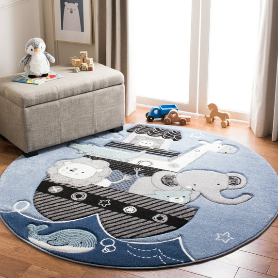 SAFAVIEH Carousel Kids Patton Animals on Board Area Rug, Blue/Gray, 8' x 8' Round