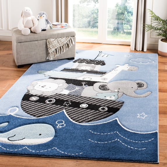 SAFAVIEH Carousel Kids Patton Animals on Board Area Rug, Blue/Gray, 8' x 8' Square
