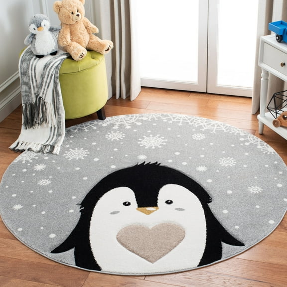 SAFAVIEH Carousel Kids Penguin in the Snow Area Rug, Light Gray/Black, 4' x 4' Round