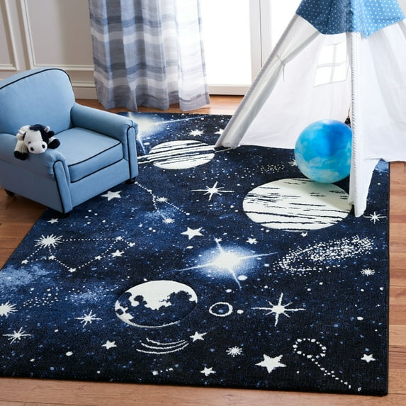 SAFAVIEH Carousel Kids Planets and Stars Area Rug, Dark Blue/Light Blue, 2' x 3'