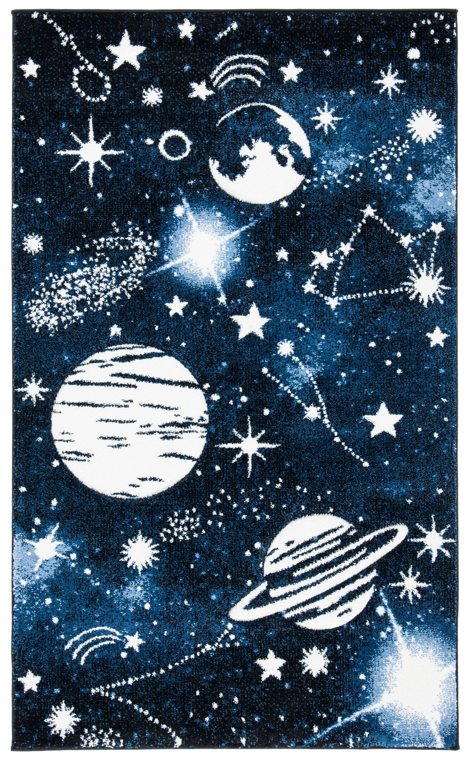Dark Blue and Light Blue Synthetic Space Themed Kids Rug, 2' x 3'