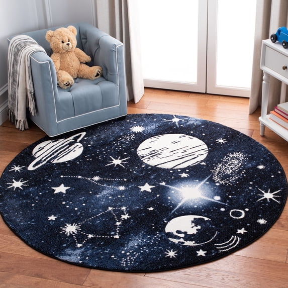 SAFAVIEH Carousel Kids Planets and Stars Area Rug, Dark Blue/Light Blue, 5'3" x 5'3" Round