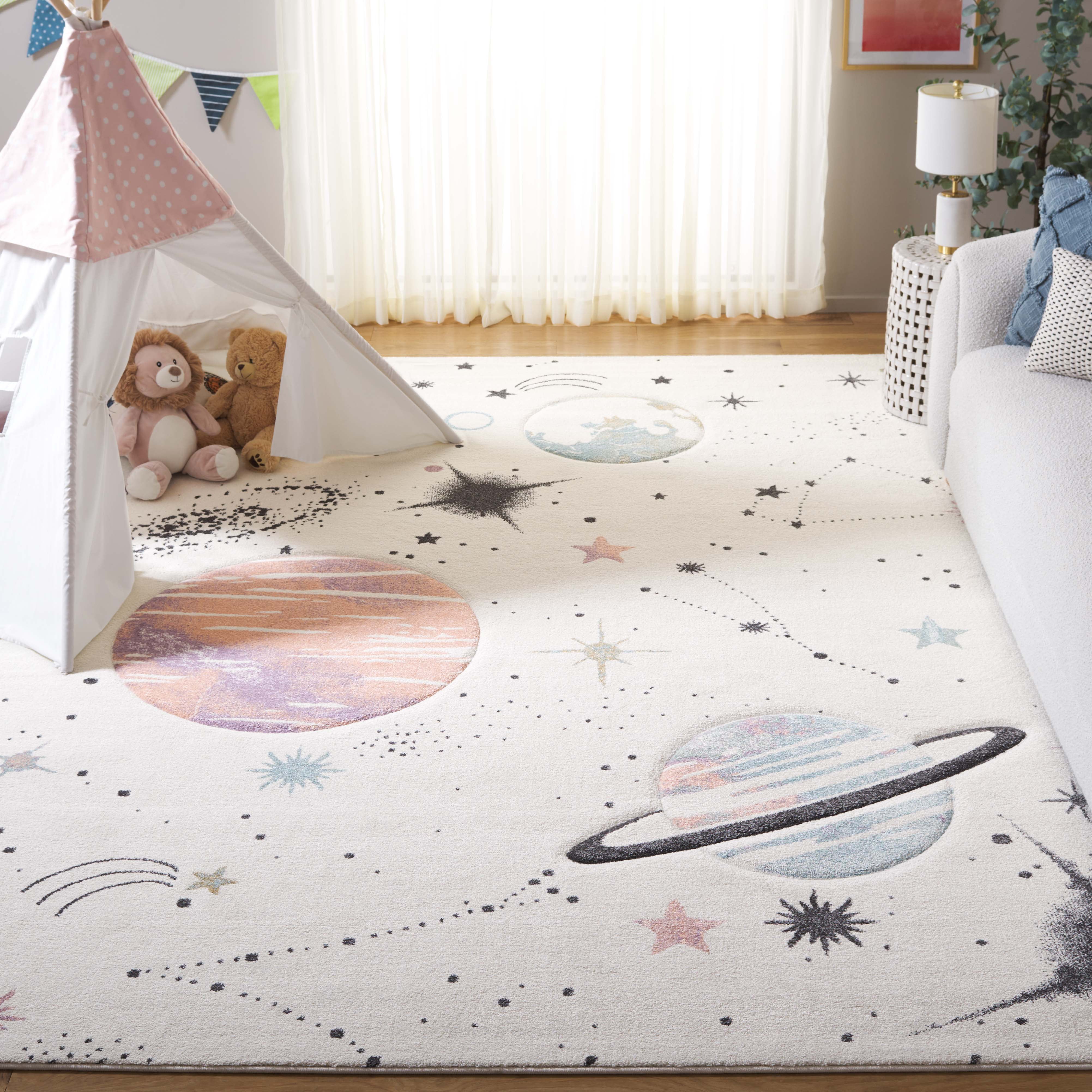 SAFAVIEH Carousel Kids Planets and Stars Area Rug, Ivory/Orange, 8' x ...