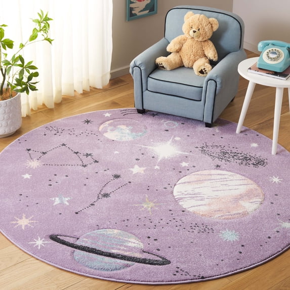 SAFAVIEH Carousel Kids Planets and Stars Area Rug, Purple/Orange, 5'3" x 5'3" Round