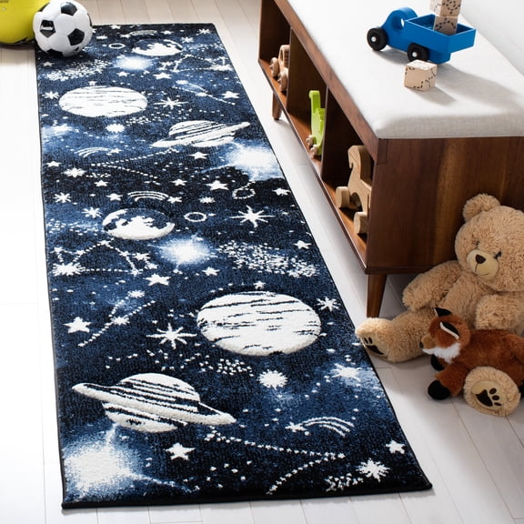 SAFAVIEH Carousel Kids Planets and Stars Runner Rug, Dark Blue/Light Blue, 2'3" x 10'