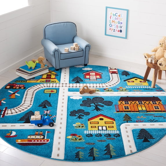 SAFAVIEH Carousel Kids Railroad Town Area Rug, Blue/Beige, 3' x 3' Round