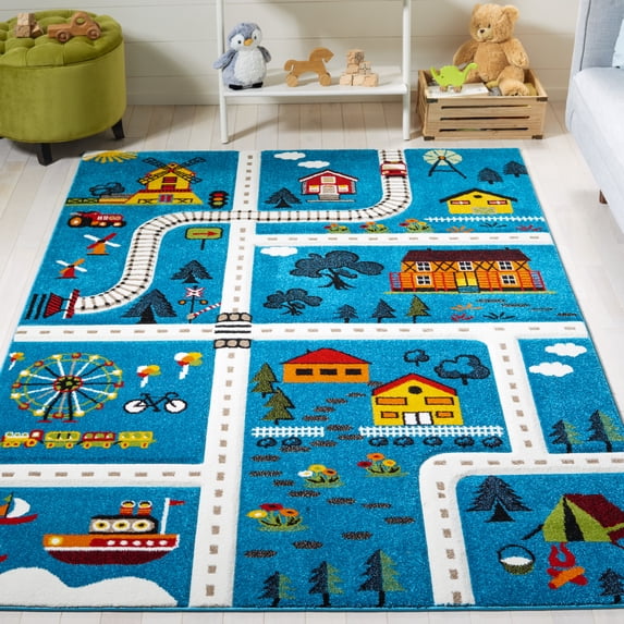 SAFAVIEH Carousel Kids Railroad Town Area Rug, Blue/Beige, 9' x 12'