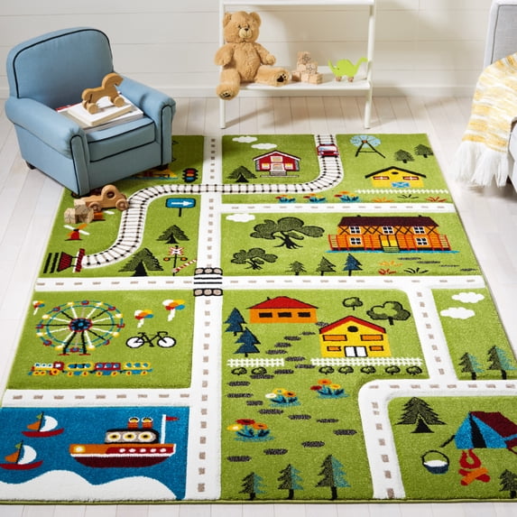 SAFAVIEH Carousel Kids Railroad Town Area Rug, Green/Beige, 8' x 10'