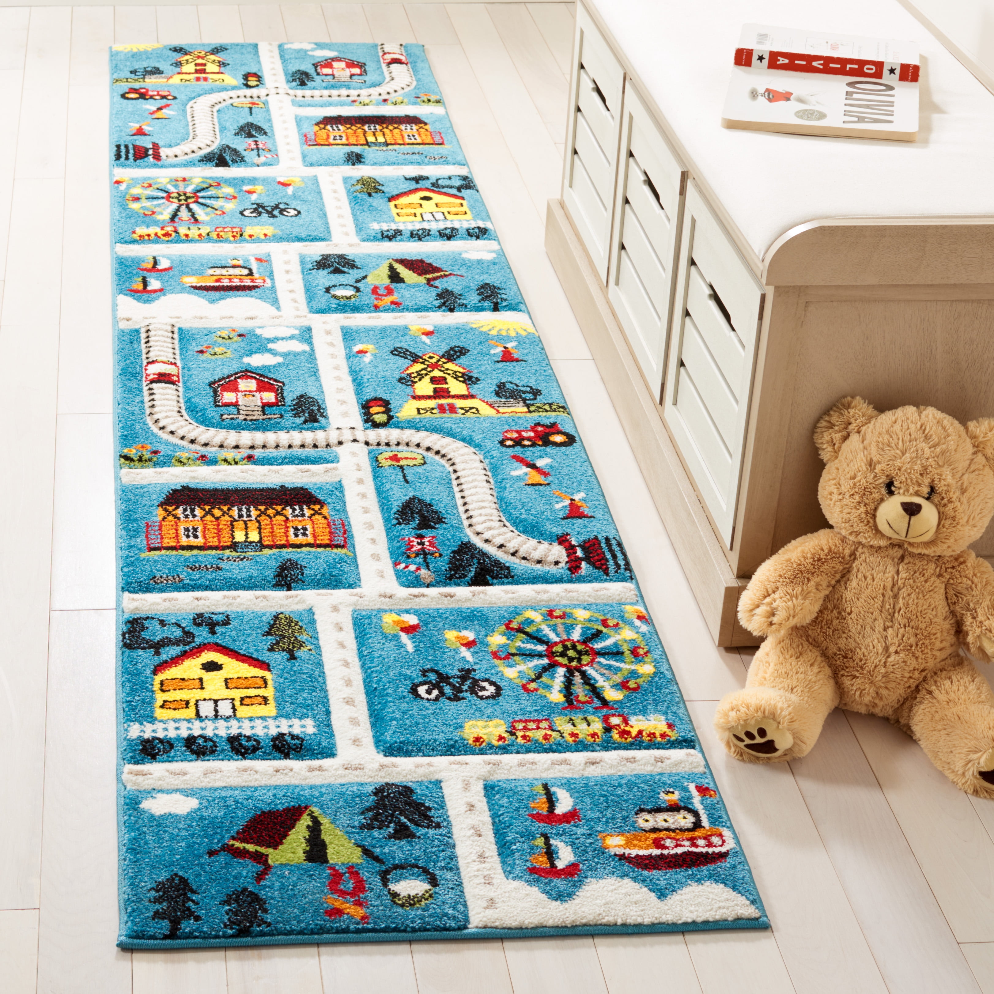 Transportation Rug SAFAVIEH Carousel Kids Railroad Town Runner Rug, Blue/Beige, 2' x 8 ...
