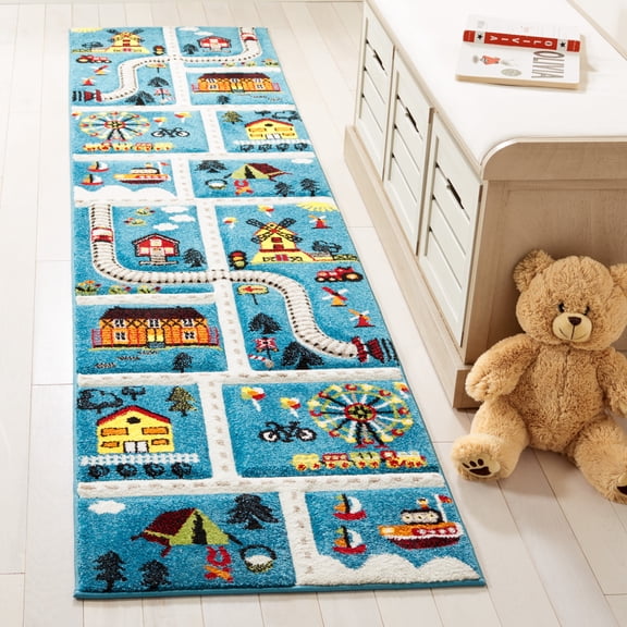SAFAVIEH Carousel Kids Railroad Town Runner Rug, Blue/Beige, 2' x 8'