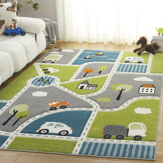 SAFAVIEH Carousel Kids Roadmap to Home Area Rug, Green/Gray, 8' x 10'