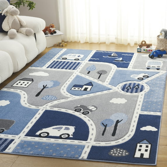 SAFAVIEH Carousel Kids Roadmap to Home Area Rug, Gray/Blue, 3'3" x 5'3"