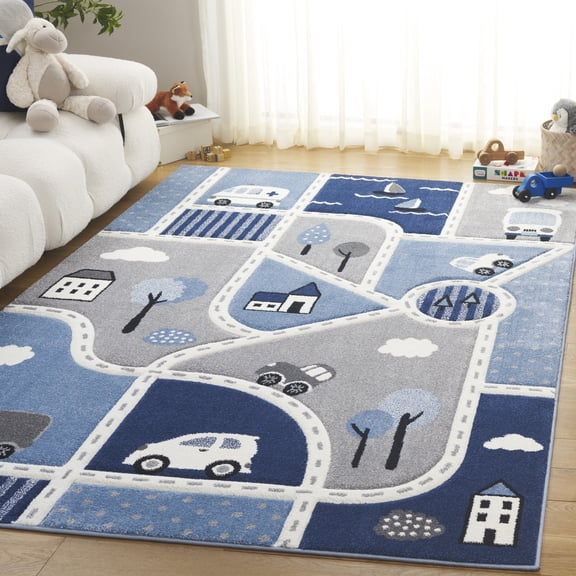 SAFAVIEH Carousel Kids Roadmap to Home Area Rug, Gray/Blue, 6'7" x 6'7" Square