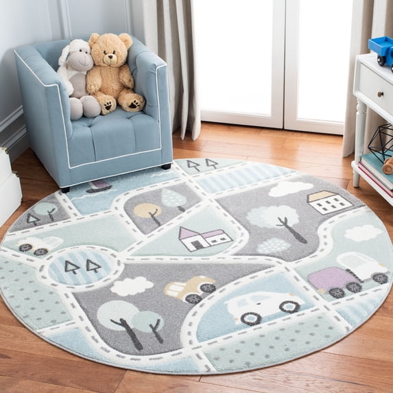SAFAVIEH Carousel Kids Roadmap to Home Area Rug, Gray/Light Blue, 5'3" x 5'3" Round