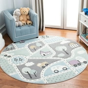 SAFAVIEH Carousel Kids Roadmap to Home Area Rug, Gray/Light Blue, 6'7" x 6'7" Round