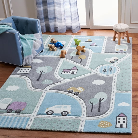 SAFAVIEH Carousel Kids Roadmap to Home Area Rug, Gray/Light Blue, 9' x 12'