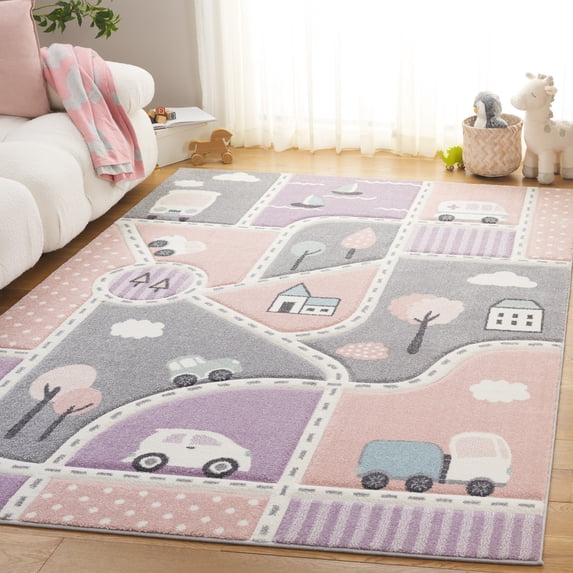 SAFAVIEH Carousel Kids Roadmap to Home Area Rug, Gray/Pink, 4' x 6'